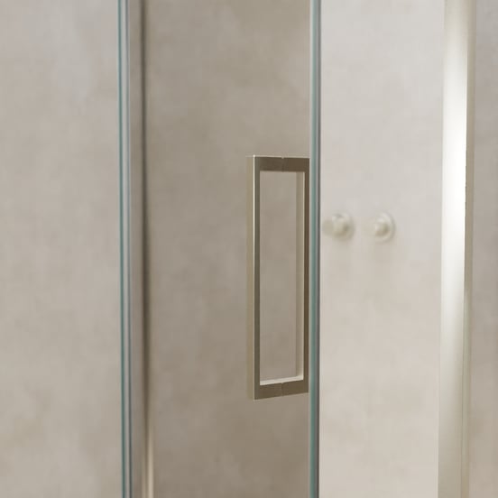 Balmani Senses Design douche en coin avec porte pivotante à gauche et paroi latérale fixe, 120 x 70 cm, Verre transparent, Profil Brushed CoolMetal, coating inclus