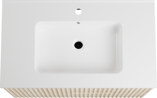 Linie Ribbo zwevend badmeubel 80 x 46 cm licht eiken met Vano enkele wastafel in composietmarmer hoogglans wit, Verticale symmetrische ronde ribbel