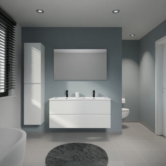 Linie Lado meuble salle de bains suspendu 120 x 46 cm blanc brillant avec Baro double vasque en porcelaine blanc mat