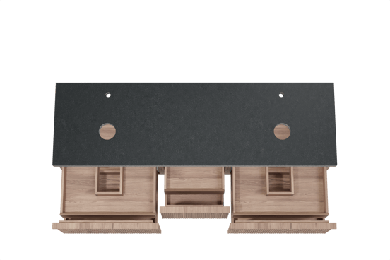 Balmani Forma zwevend badmeubel 180 x 55 cm teakhout met Rock dubbel wastafelblad in zwart graniet, Verticale symmetrische rechte ribbel