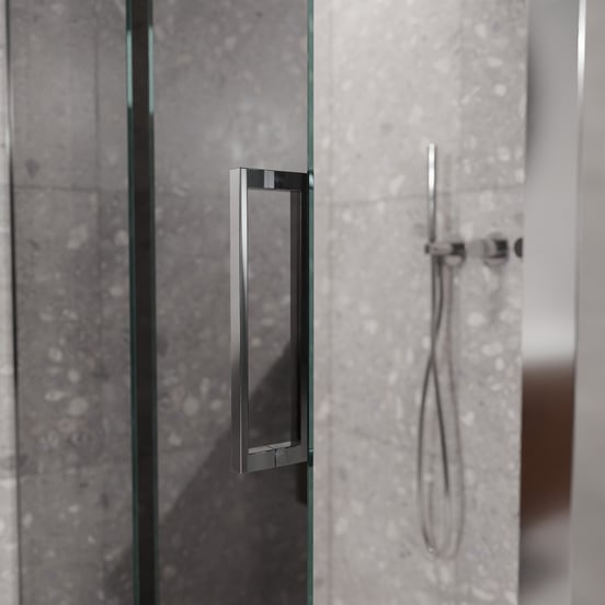 Balmani Senses Design Eckdusche: Schiebetür (Links) mit fixierte Seitenwand, 160 x 100 cm, Reflex-Spiegelglas, Profil Chrom glänzend