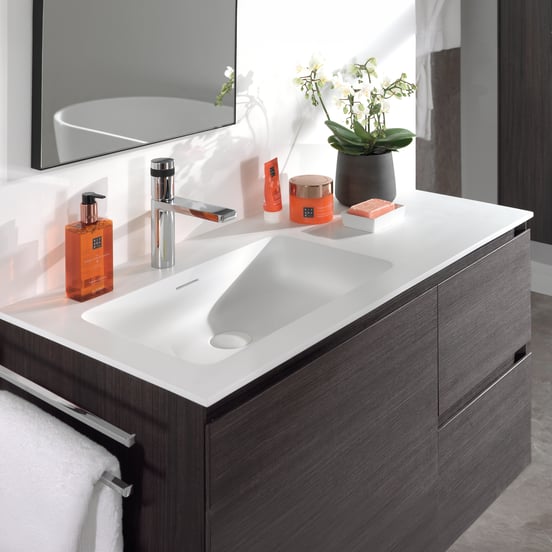 Storke Mata Waschtisch, links, Solid Surface matt, 110 x 52 cm, Schrankkombination 45 cm