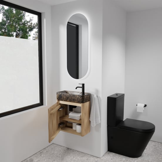 Balmani Fara zwevend toiletmeubel 45 x 22 cm natuur eik met Fara wastafel in Dark Emperador marmer