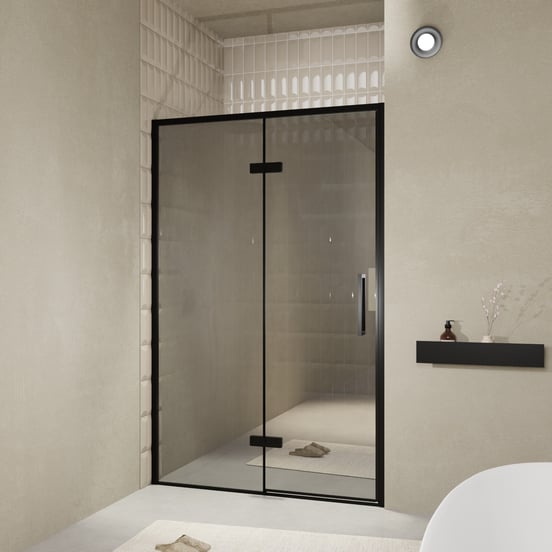 Balmani Senses Design douche draaideur links 140 cm x 210 cm Reflex spiegelglas, Zwarte profielen