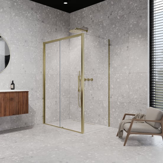 Balmani Senses Design douche en coin avec porte coulissante à gauche et paroi latérale fixe, 160 x 70 cm, Verre transparent, Profil Brushed Champagne Gold