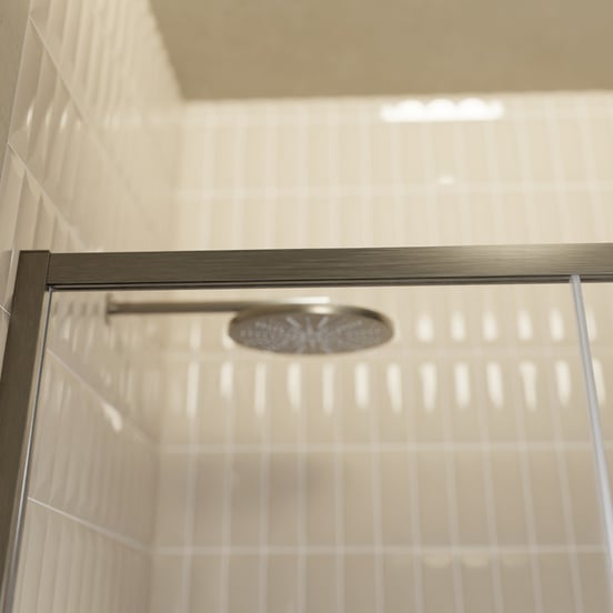 Balmani Senses Design Dusche Schiebetür, Links, 140 cm x 210 cm, Klarglas mit mattiertem Streifen, Profil Brushed GunMetal, inklusive Coating