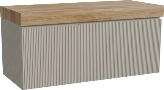 Storke Ribs zwevend badmeubel 120 x 52 cm zijdegrijs met Kada enkel of dubbel wastafelblad in hpl rustiek teakhout, Verticale symmetrische rechte ribbel