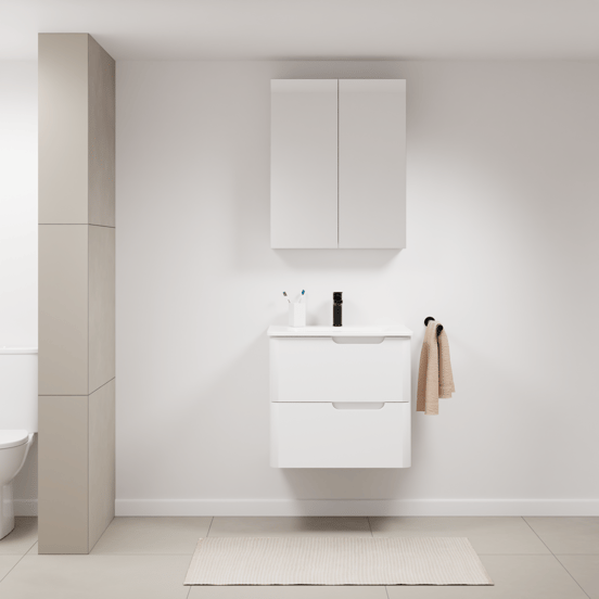 Linie Curvo hängendes Möbelstück Set: 60 x 46 cm, Weiβ glänzend, mit Baro Curvo Einzelwaschtisch Keramik Weiβ glänzend