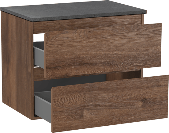 Linie Lado zwevend badmeubel 70 x 46 cm bruin eiken met Lado enkel wastafelblad in melamine grijze leisteen