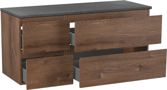 Linie Lado hängendes Möbelstück Set: 120 x 46 cm, Braune Eiche, mit Lado Einzel- oder Doppel Waschtischplatte, Melamin Schiefergrau