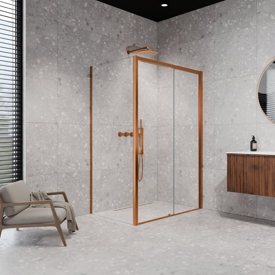 Balmani Senses Design douchehoek met rechtse schuifdeur en vaste zijwand, 120 x 90 cm, Helder glas, Brushed Rosegold profielen, met coating