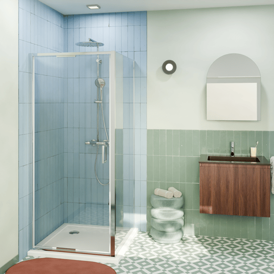 Luca Varess Vidor In paroi de douche avec porte pivotante et paroi latérale fixe 90 x 80 cm verre transparent profil chrome brillant