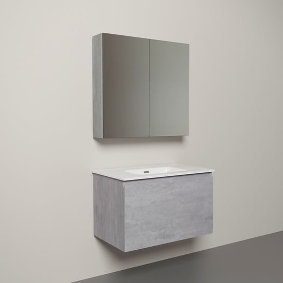 Linie Lado zwevend badmeubel 80 x 46 cm beton donkergrijs met Baro enkele wastafel in porselein hoogglans wit en Montro spiegelkast