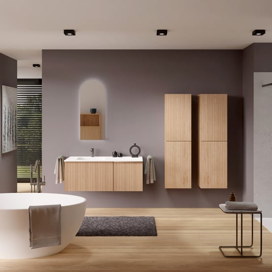 Balmani Forma meuble salle de bains suspendu 120 x 55 cm chêne naturel avec Tablo Arcato vasque asymétrique gauche en solid surface blanc mat, Nervure circulaire asymétrique verticale