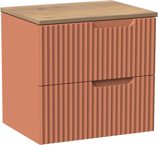 Linie Ribbo zwevend badmeubel 60 x 46 cm cotto met Lado enkel wastafelblad in melamine naturel eiken, Verticale symmetrische ronde ribbel