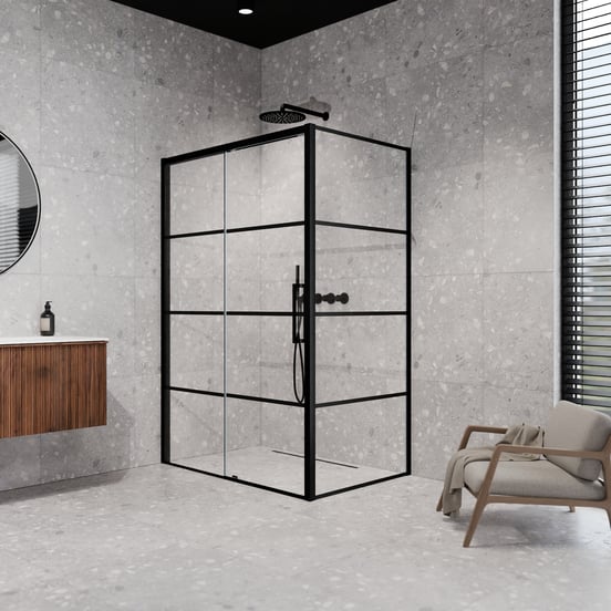 Balmani Senses Design douchecabine met linkse schuifdeur en vaste zijwand, 120 x 90 cm, Lined, Mat zwart profielen
