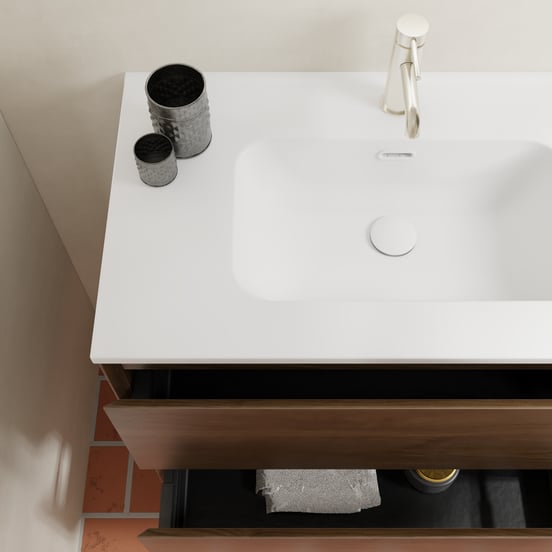 Balmani Mitra Compact zwevend badmeubel 60 x 46 cm Amerikaans notenhout met Nostra enkele wastafel in porselein mat wit