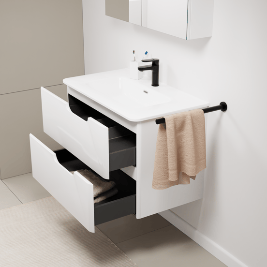 Linie Curvo zwevend badkamermeubel 80 x 46 cm glanzend wit met Baro Curvo enkele wastafel in porcelein glanzend wit