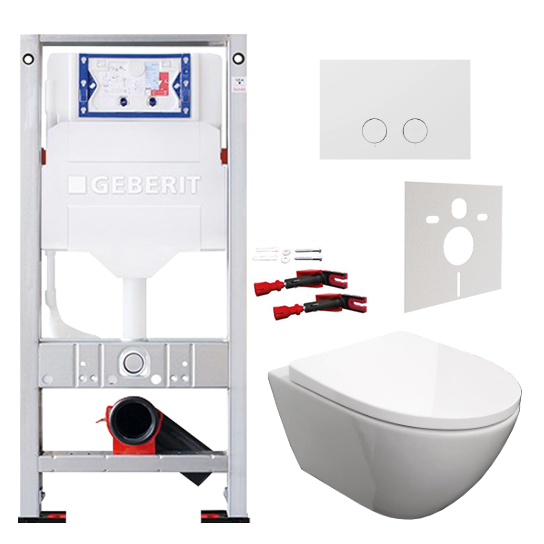 Luca Varess Moreno hangend toilet hoogglans wit randloos SilentFlush met Geberit Sigma inbouwspoelreservoir UP320 met Burda frame en bedieningspaneel