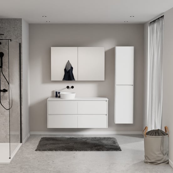 Storke Seda zwevend badmeubel 130 x 52 cm mat wit met Tavola enkel of dubbel wastafelblad in solid surface mat wit