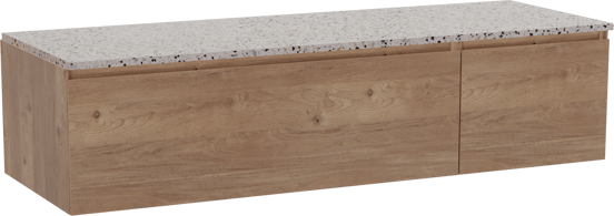Storke Edge zwevend badmeubel 150 x 52 cm ruw eiken met Tavola enkel of dubbel wastafelblad in mat wit/zwart terrazzo