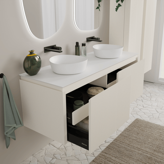 Balmani Eclips hängendes Möbelstück Set: 150 x 55 cm, Sandbeige, mit Eclips Einzel- oder Doppel Waschtischplatte Solid Surface Weiβ matt, Vertikale symmetrische gerade Rippe