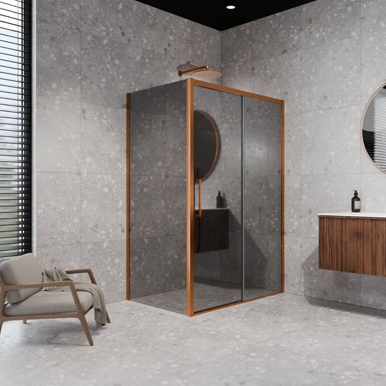 Balmani Senses Design douchecabine met rechtse schuifdeur en vaste zijwand, 160 x 80 cm, Reflex spiegelglas, Brushed Rosegold profielen