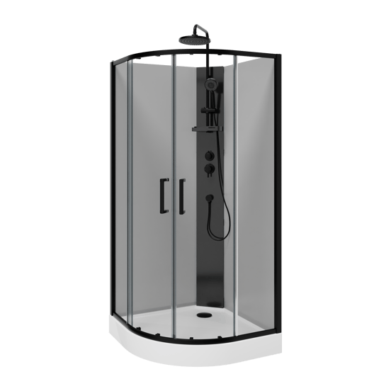 Linie Salta cabine de douche quart de rond avec portes coulissantes 90 x 90 cm verre transparent profil noir avec robinet