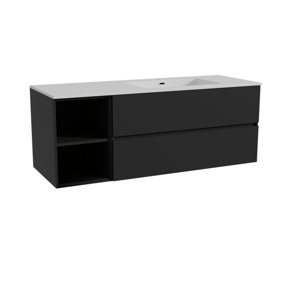 Storke Edge hängendes Möbelstück Set: 140 x 52 cm, Schwarz matt, mit Diva Waschtisch rechts, Marmorkomposit Weiß glänzend