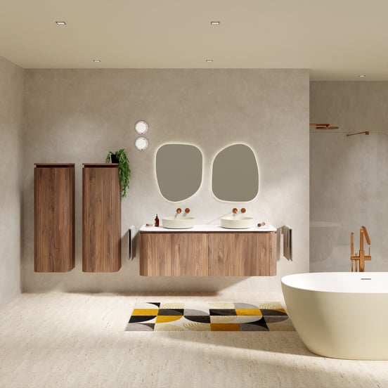 Balmani Moon hängendes Möbelstück Set: 160 x 55 cm, Amerikanischer Nussbaum, mit Moon Einzel- oder Doppel Waschtischplatte, Solid Surface Weiß matt