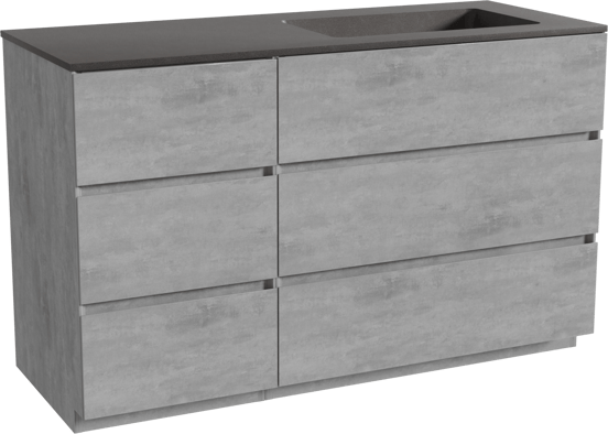 Storke Edge meuble salle de bains à poser 130 x 52 cm béton gris foncé avec Scuro plan vasque asymétrique à droite en quartz noir mat