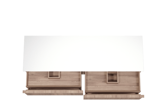 Balmani Forma zwevend badmeubel 180 x 55 cm teakhout met Stretto enkel of dubbel wastafelblad in solid surface mat wit, Verticale symmetrische rechte ribbel