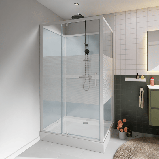 Luca Varess Talan cabine de douche avec portes pivotantes 90 x 120 cm verre transparent avec bande matte à rayures profil blanc brillant