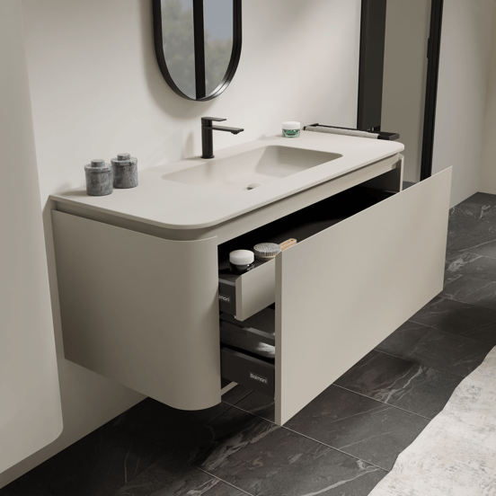 Balmani Moon hängendes Möbelstück Set: 130 x 55 cm, Seidengrau, mit Moon Einzelwaschtisch, Top Solid Seidengrau