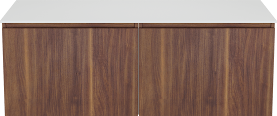 Balmani Sfera zwevend badkamermeubel 135 x 55 cm amerikaanse notelaar met Stretto enkel of dubbel tablet in solid surface mat wit