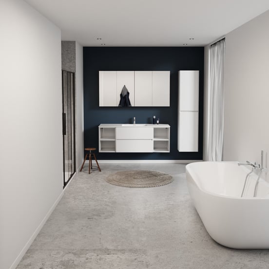 Storke Edge zwevend badmeubel 145 x 52 cm hoogglans wit met Mata enkele wastafel in solid surface mat wit