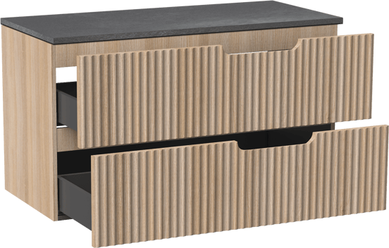 Linie Ribbo zwevend badmeubel 100 x 46 cm licht eiken met Lado enkel of dubbel wastafelblad in melamine grijze leisteen, Verticale symmetrische ronde ribbel