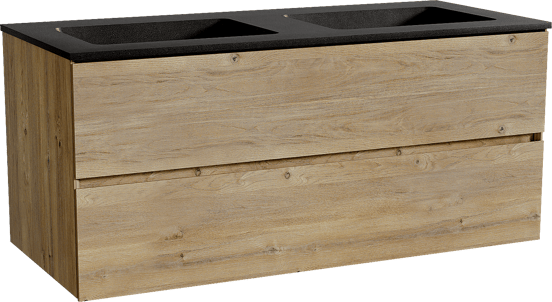 Storke Edge zwevend badmeubel 120 x 52 cm ruw eiken met Scuro dubbele wastafel in kwarts mat zwart
