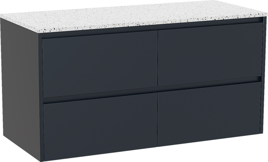 Storke Seda zwevend badmeubel 120 x 52 cm nachtblauw met Tavola enkel of dubbel wastafelblad in mat wit/zwart terrazzo