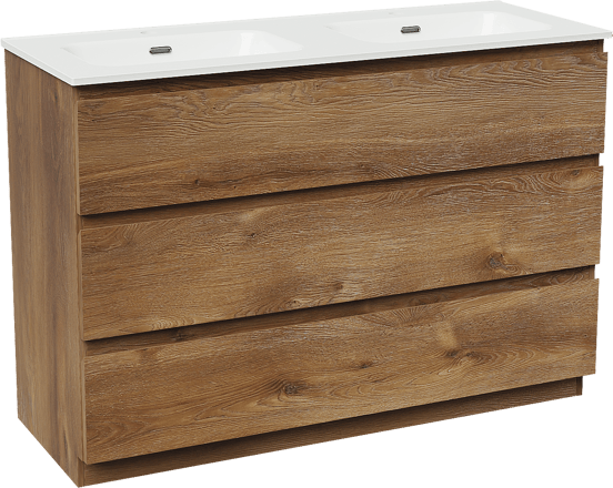 Linie Lado freistehendes Möbelstück Set: 120 x 46 cm, Braune Eiche, mit Baro Doppelwaschtisch, Porzellan Weiß glänzend