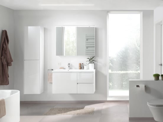 Storke Edge meuble sous-lavabo suspendu 100 x 46 cm asymétrique gauche blanc brillant 3 tiroirs