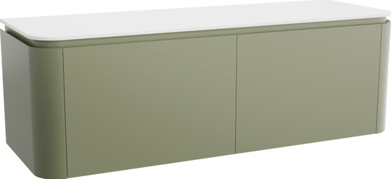 Balmani Moon zwevend badmeubel 160 x 55 cm saliegroen met Moon enkel of dubbel wastafelblad in solid surface mat wit