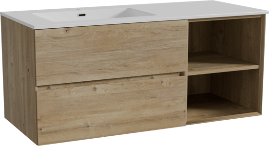 Storke Edge zwevend badmeubel 120 x 52 cm ruw eiken met Diva asymmetrisch linkse wastafel in composietmarmer hoogglans wit