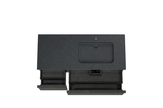 Balmani Forma zwevend badmeubel 135 x 55 cm zwart eiken met Napoli asymmetrisch rechtse wastafel in zwart graniet, Verticale symmetrische rechte ribbel