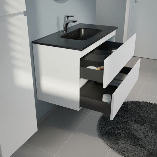 Linie Lado zwevend badmeubel 90 x 46 cm mat wit met Baro enkele wastafel in porselein mat zwart