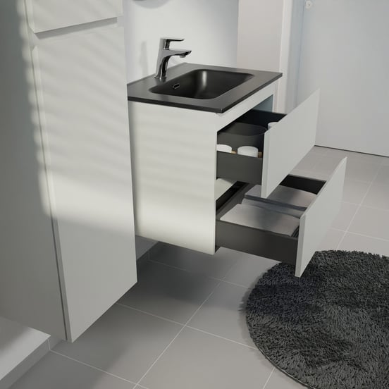 Linie Lado zwevend badmeubel 60 x 46 cm greige met Baro enkele wastafel in porselein mat zwart