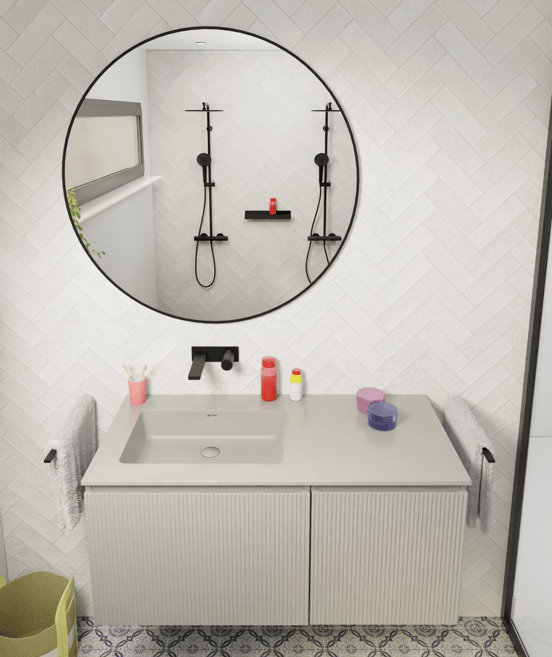 Storke Diva asymmetrisch linkse wastafel mat zijdegrijze top solid 110 x 52 cm