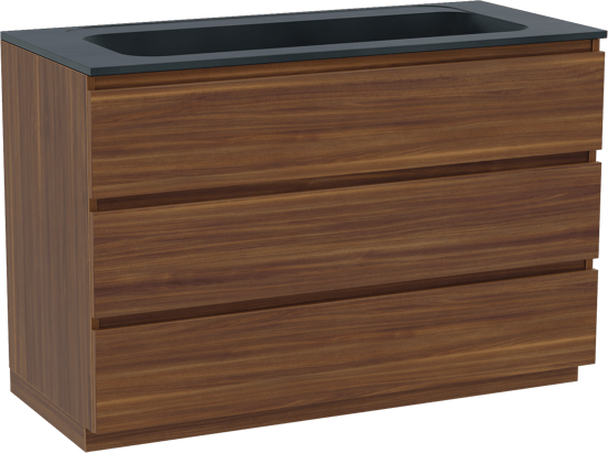 Balmani Lucida staand badmeubel 120 x 55 cm amerikaans notenhout met Tablo Strada enkele wastafel voor 2 kraangaten in composietmarmer mat zwart