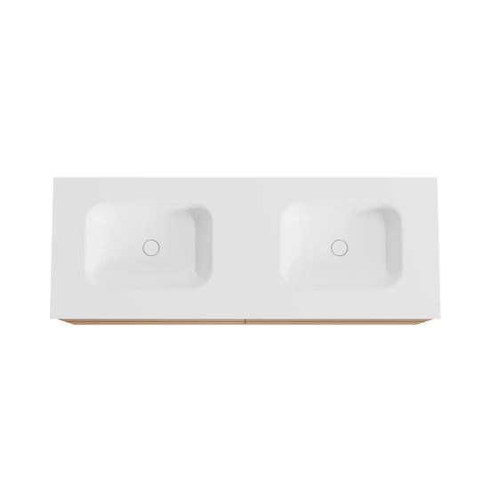 Balmani Mitra zwevend badmeubel 150 x 55 cm teakhout met Tablo Arcato dubbele wastafel in solid surface mat wit