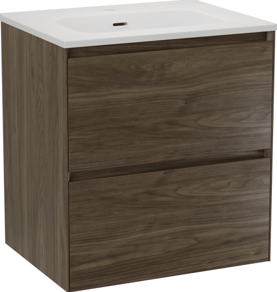 Balmani Mitra Compact zwevend badmeubel 60 x 46 cm Amerikaans notenhout met Nostra enkele wastafel in porselein mat wit